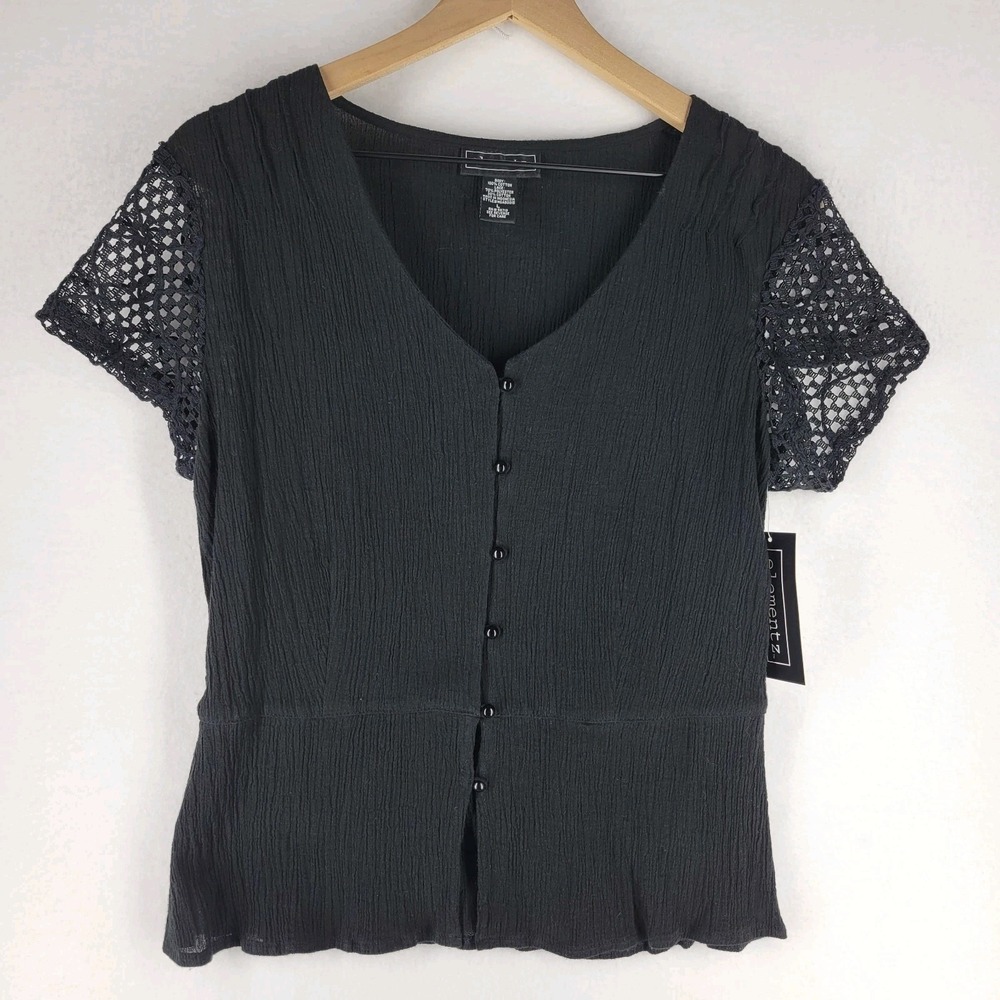 NWT Elementz Black Button Front Textured Peplum Top L Crochet Lace Romantic Boho